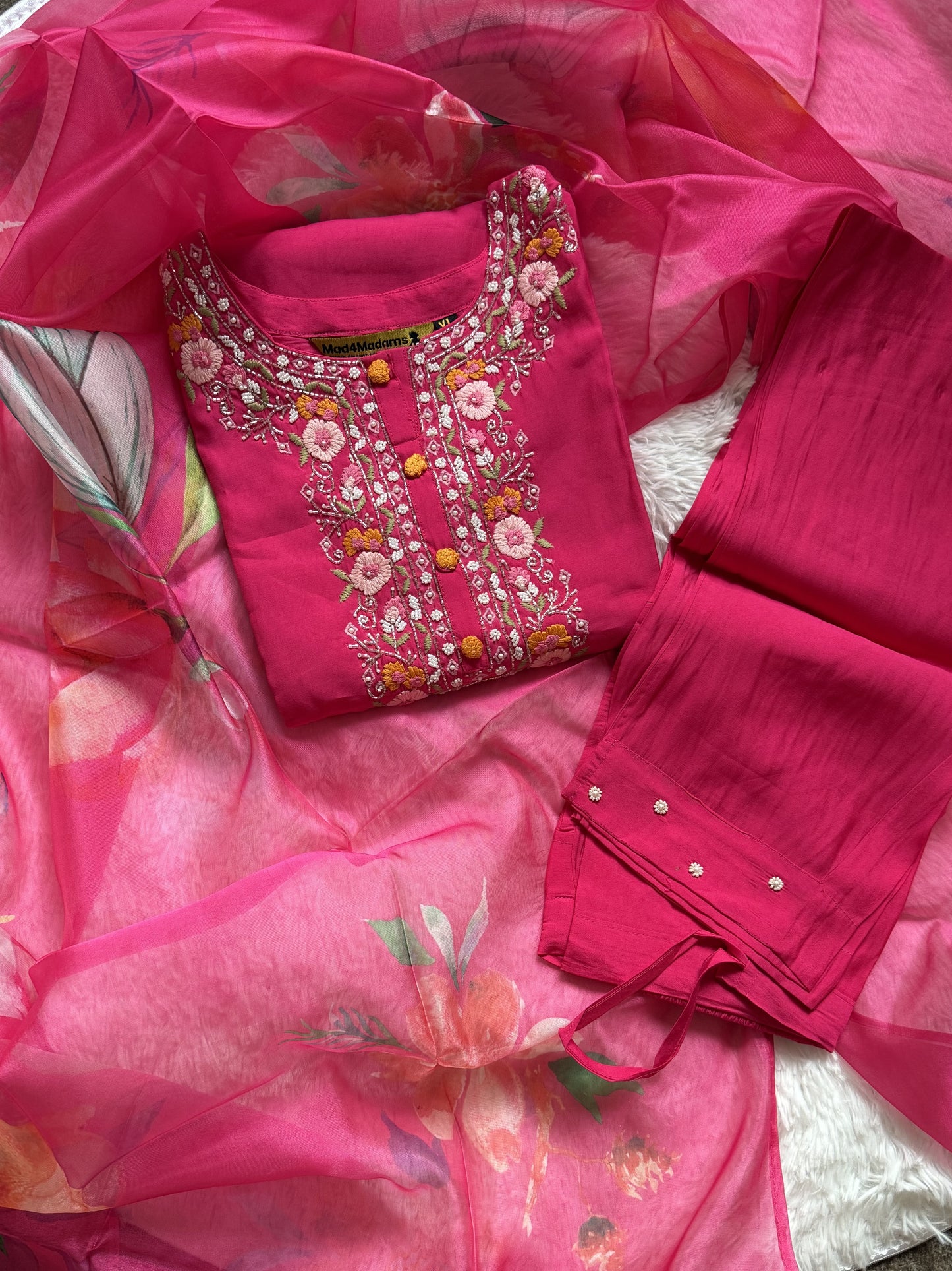 Viscose Designer 3 piece Kurti with bottom dupatta - Rani Pink