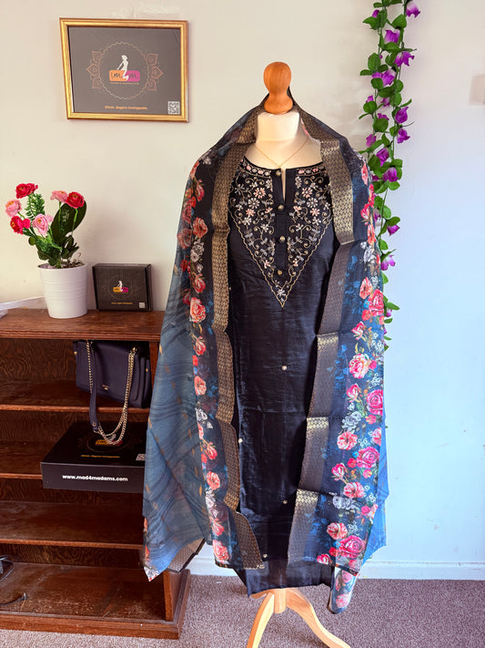 Dola Silk Designer 3 piece Kurti with bottom dupatta - Navy Blue