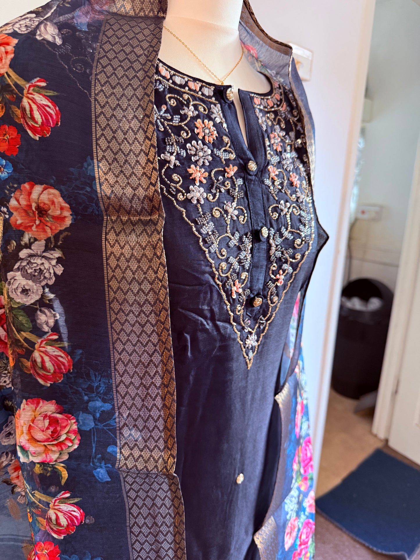 Dola Silk Designer 3 piece Kurti with bottom dupatta - Navy Blue