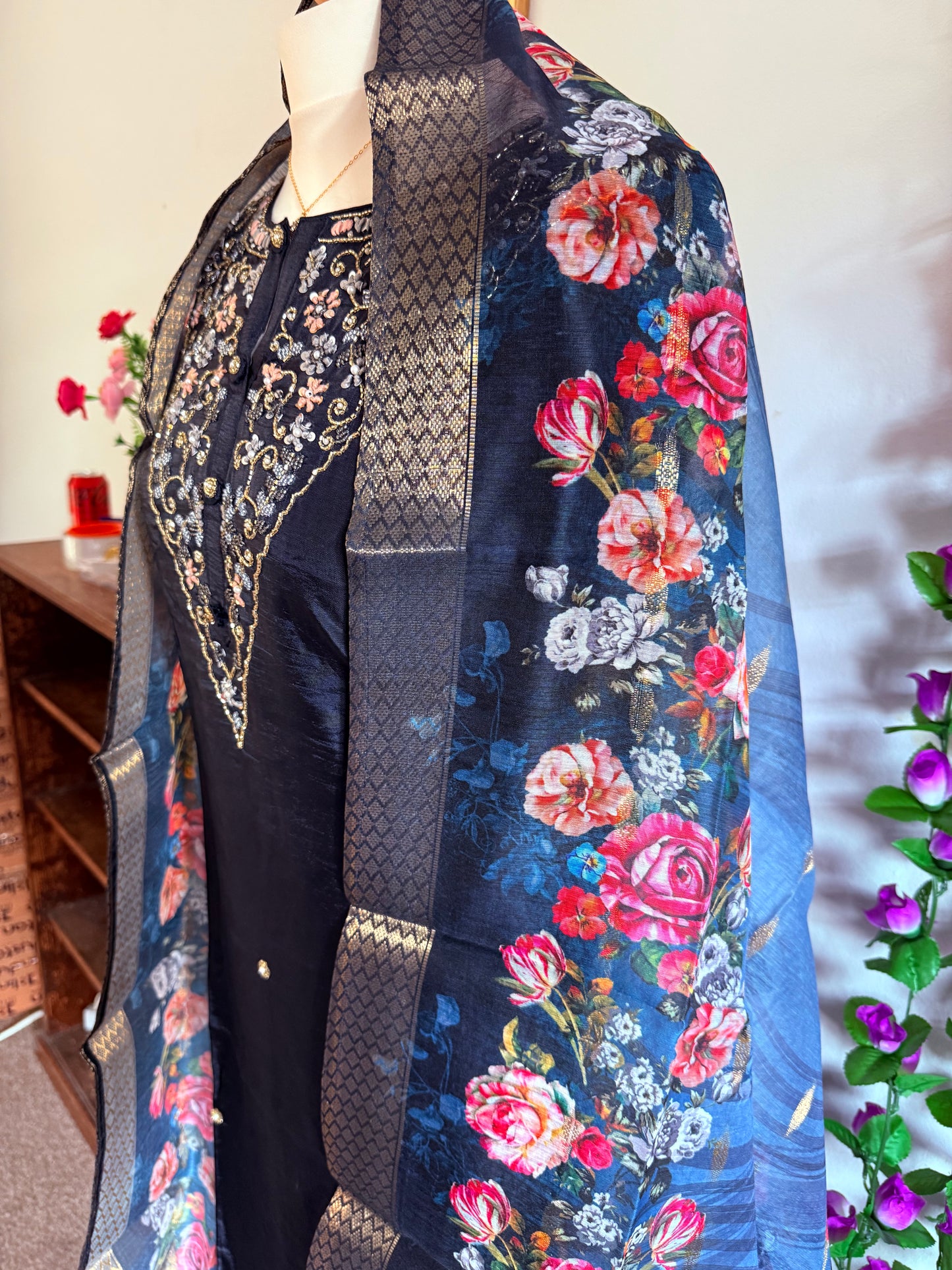 Dola Silk Designer 3 piece Kurti with bottom dupatta - Navy Blue