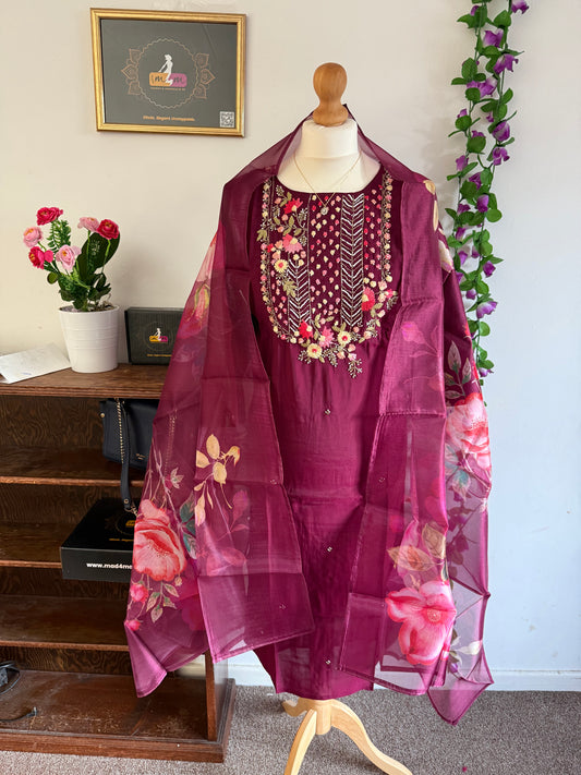 Viscose Designer 3 piece Kurti with bottom dupatta - Wine