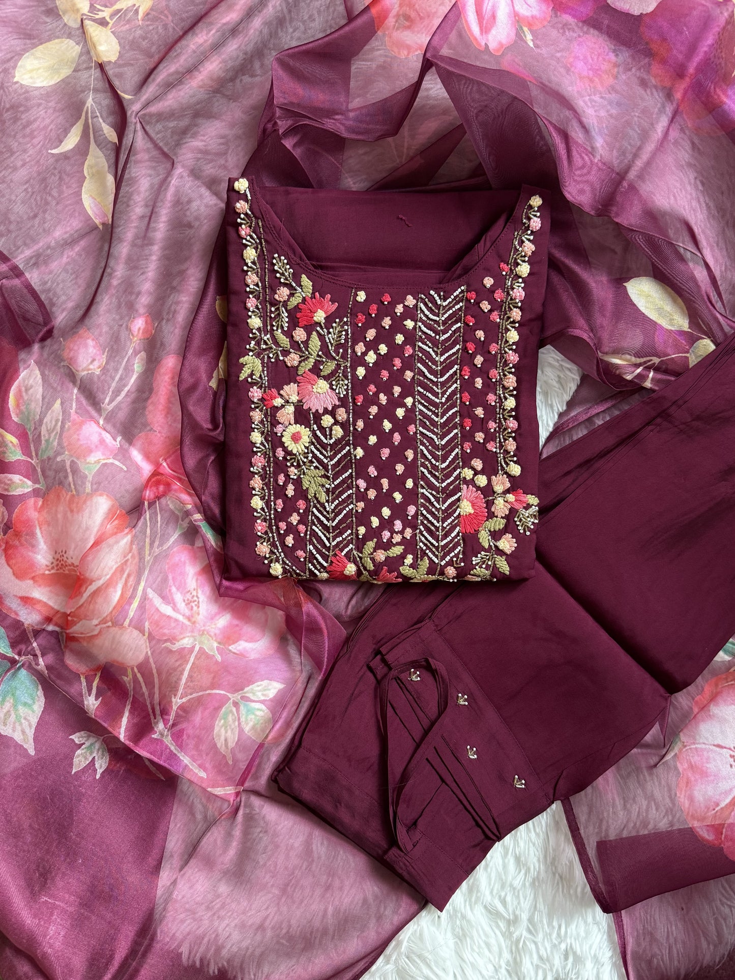 Viscose Designer 3 piece Kurti with bottom dupatta - Wine