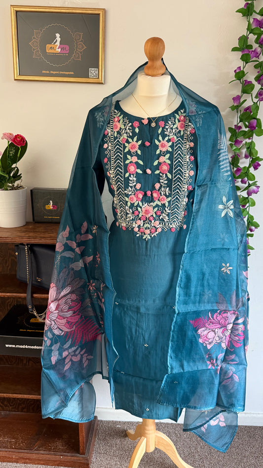 Viscose Designer 3 piece Kurti with bottom dupatta - Teal Blue