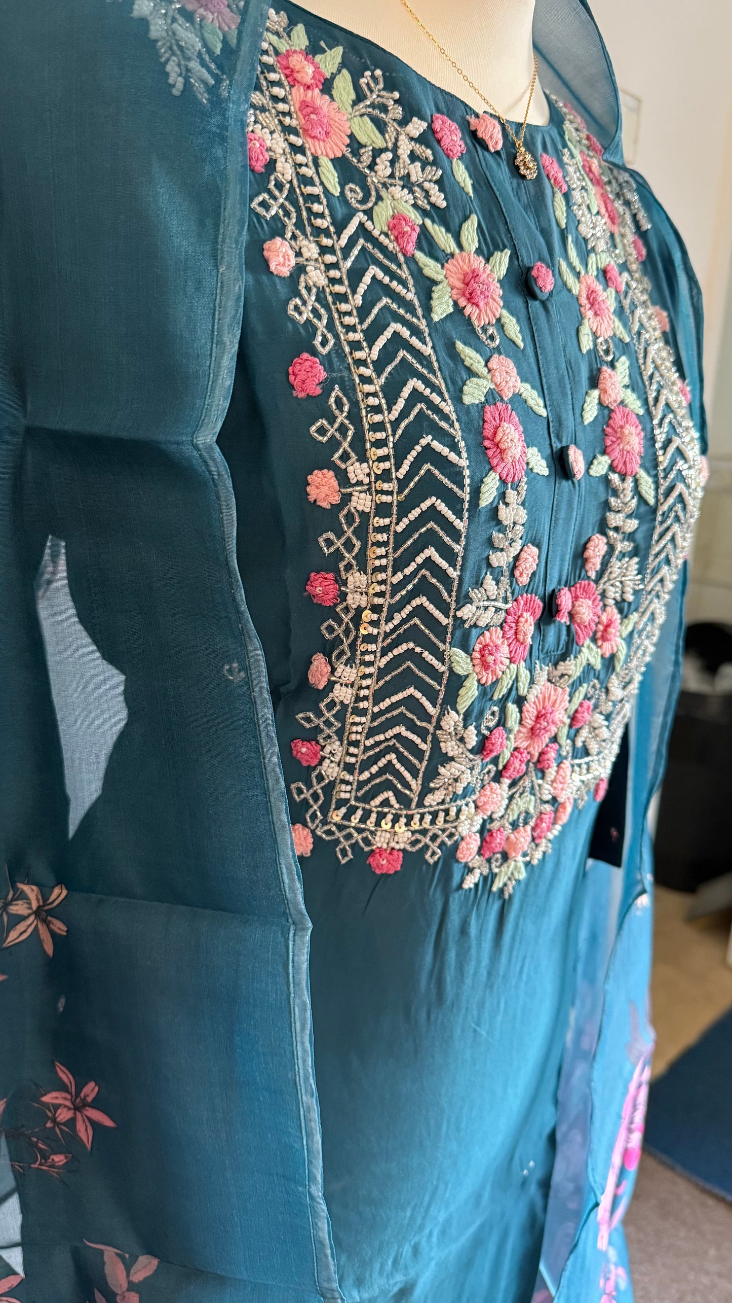 Viscose Designer 3 piece Kurti with bottom dupatta - Teal Blue