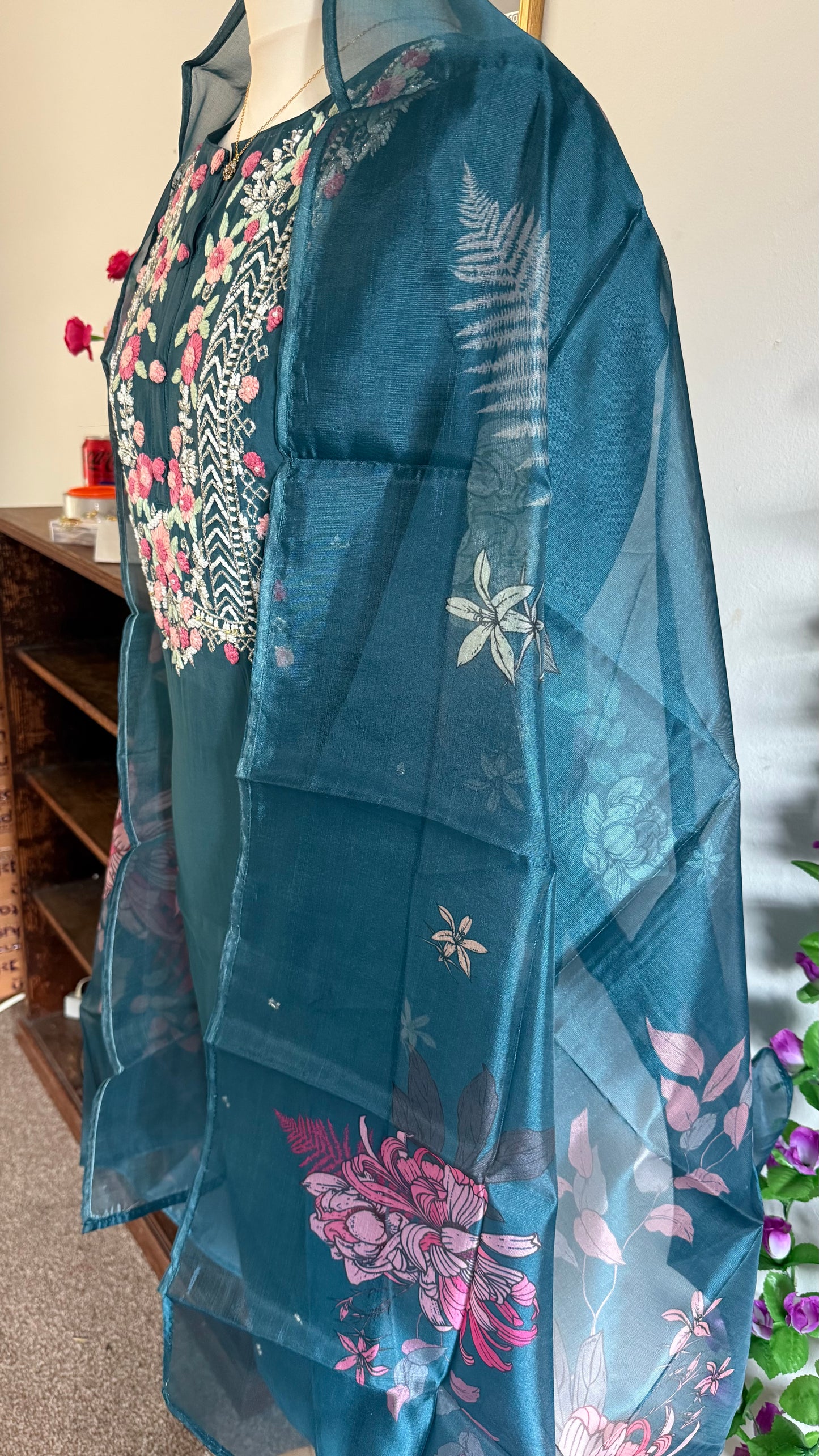 Viscose Designer 3 piece Kurti with bottom dupatta - Teal Blue