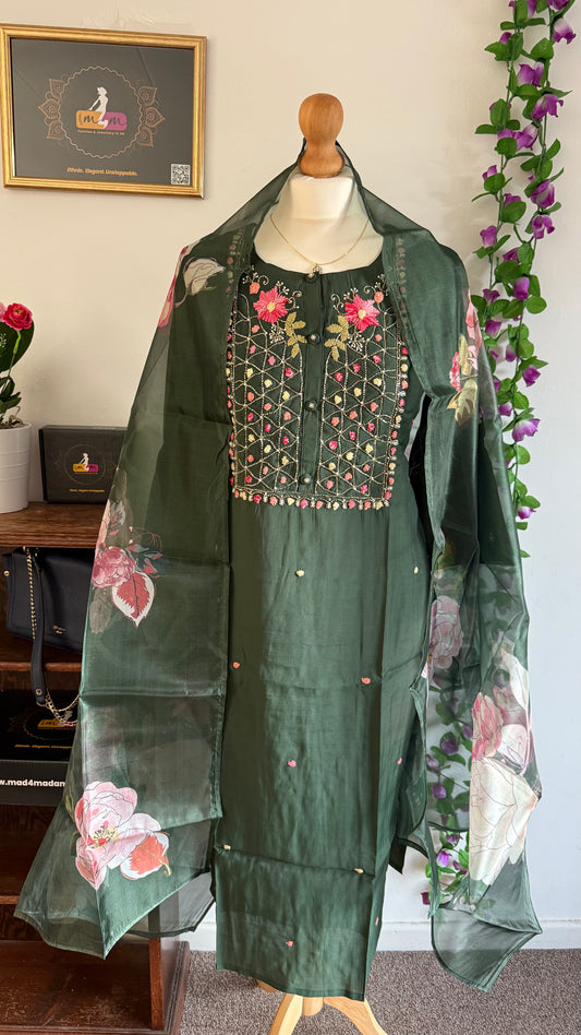 Viscose Designer 3 piece Kurti with bottom dupatta - Green