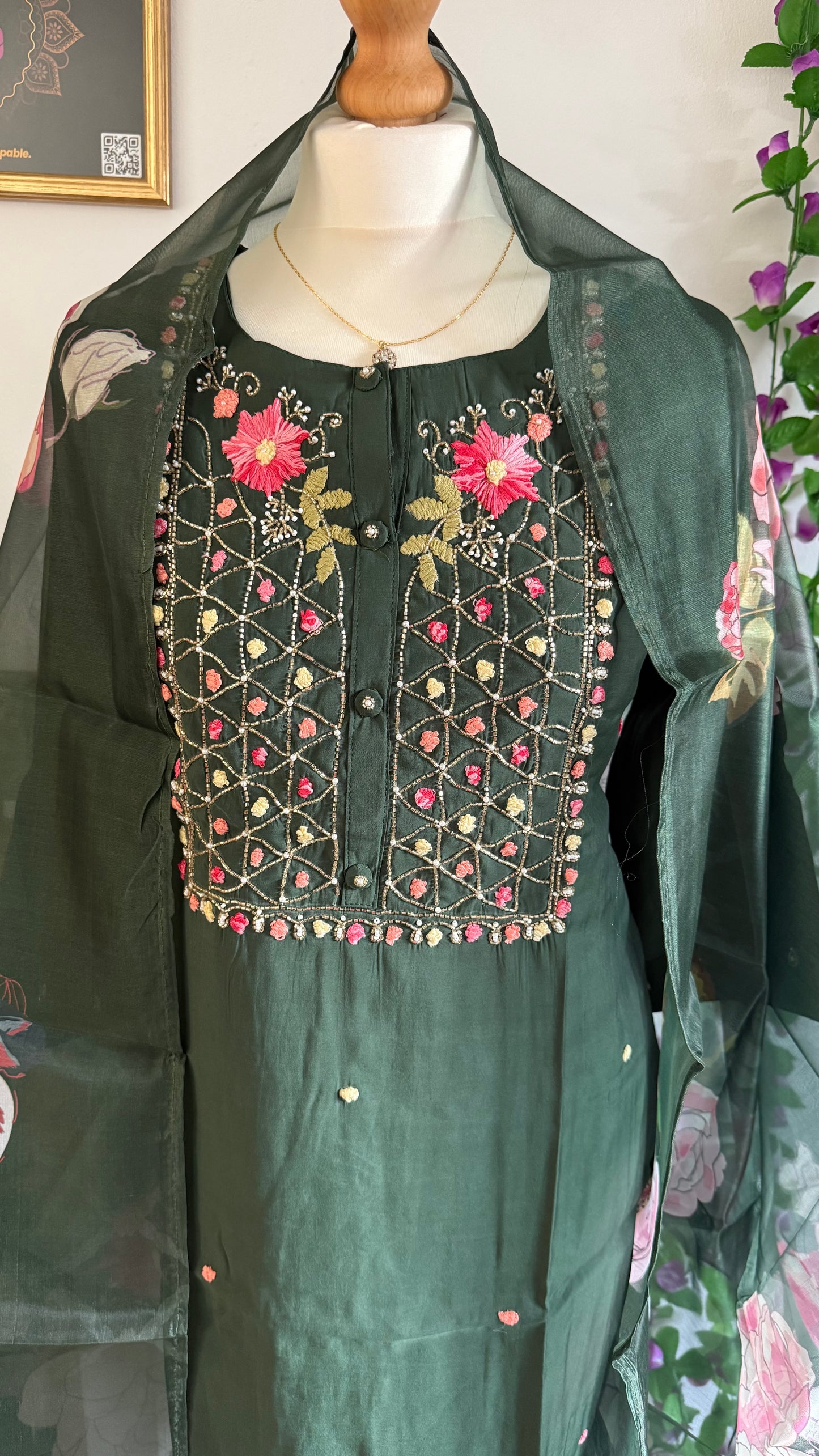 Viscose Designer 3 piece Kurti with bottom dupatta - Green