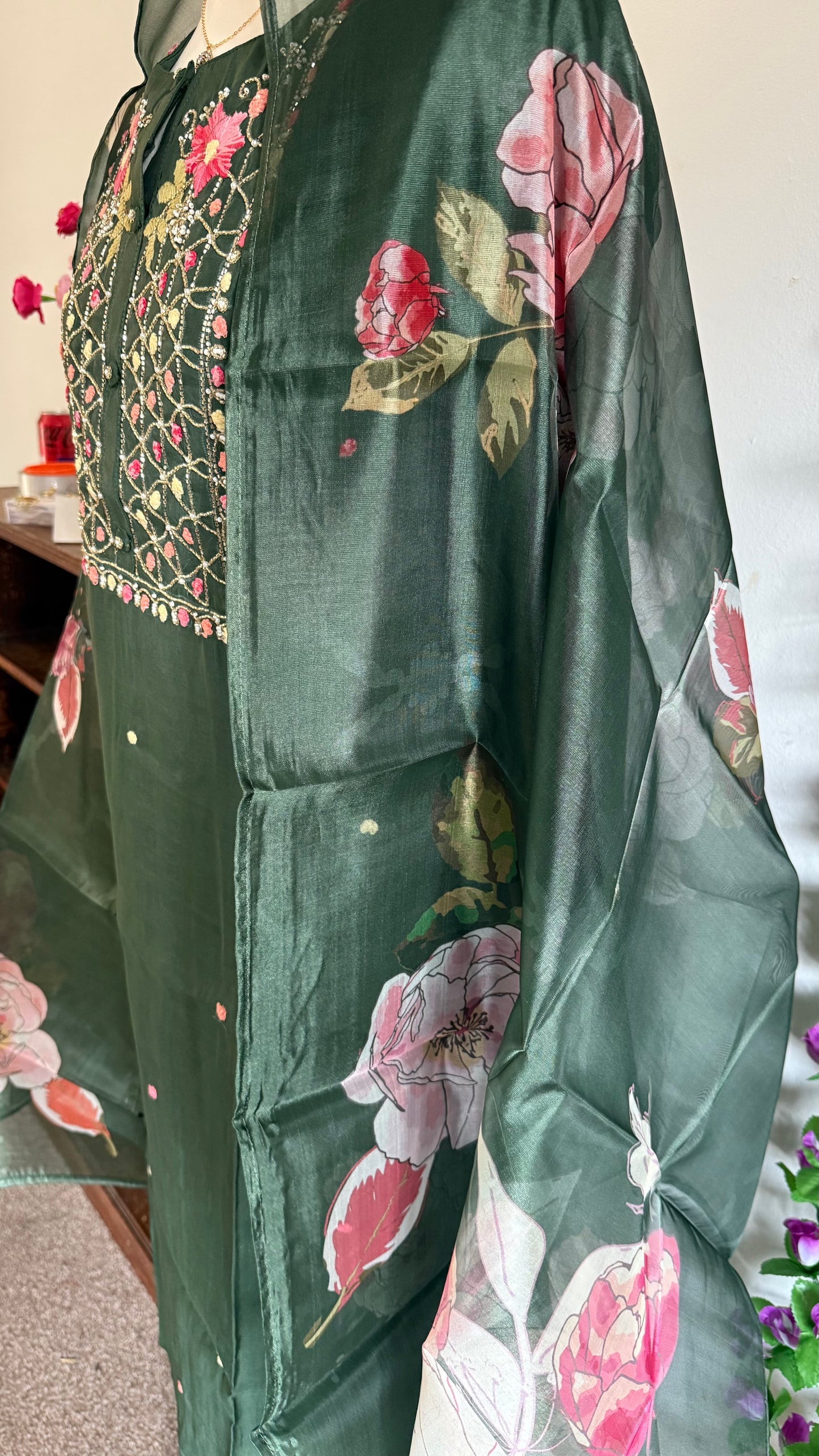 Viscose Designer 3 piece Kurti with bottom dupatta - Green