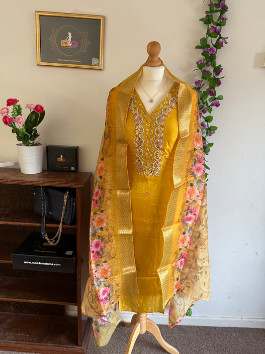 Dola Silk Designer 3 piece Kurti with bottom dupatta - Yellow