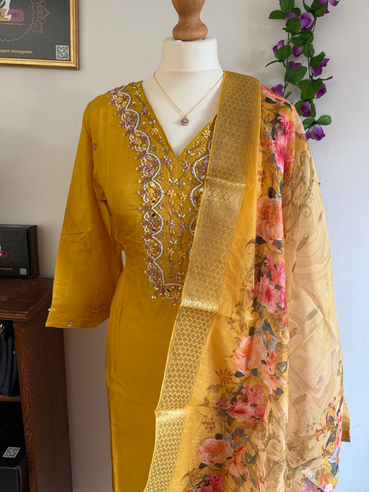 Dola Silk Designer 3 piece Kurti with bottom dupatta - Yellow