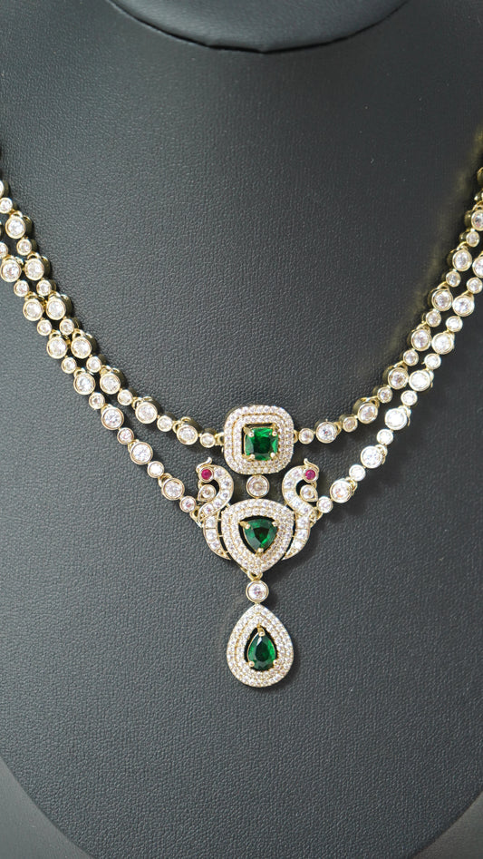 2 Layered necklace set victorian polish with sparkling white and green designer stones