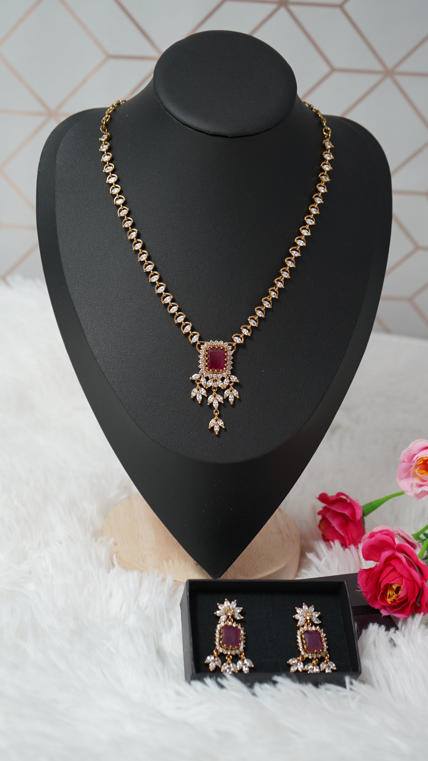 Elegant necklace with matching earrings, crafted with royal pink ruby stone