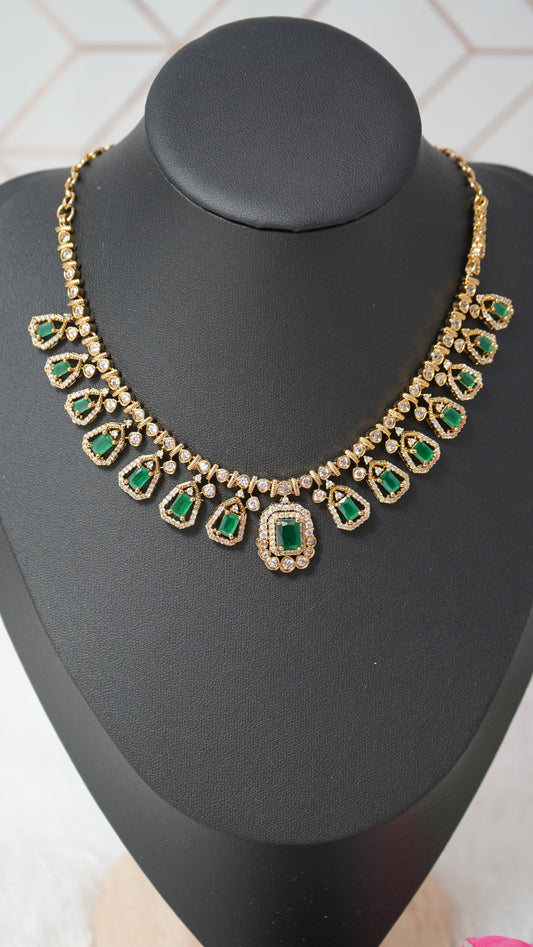 Luxurious sparkling green and white moissanite stones victorian necklace with Earrings