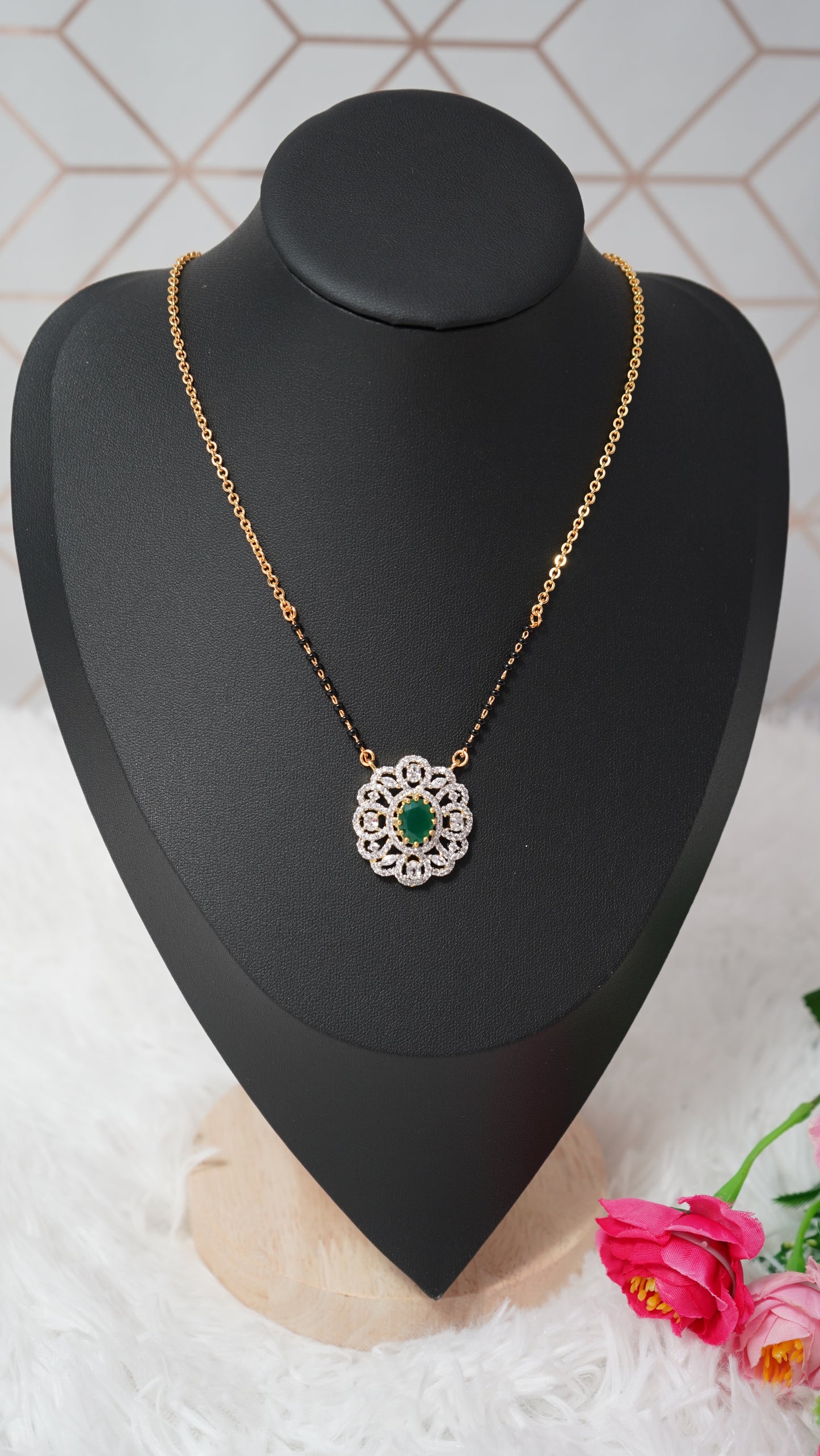 Trending Black Bead Chain with sparkling white CZ stones Pendant