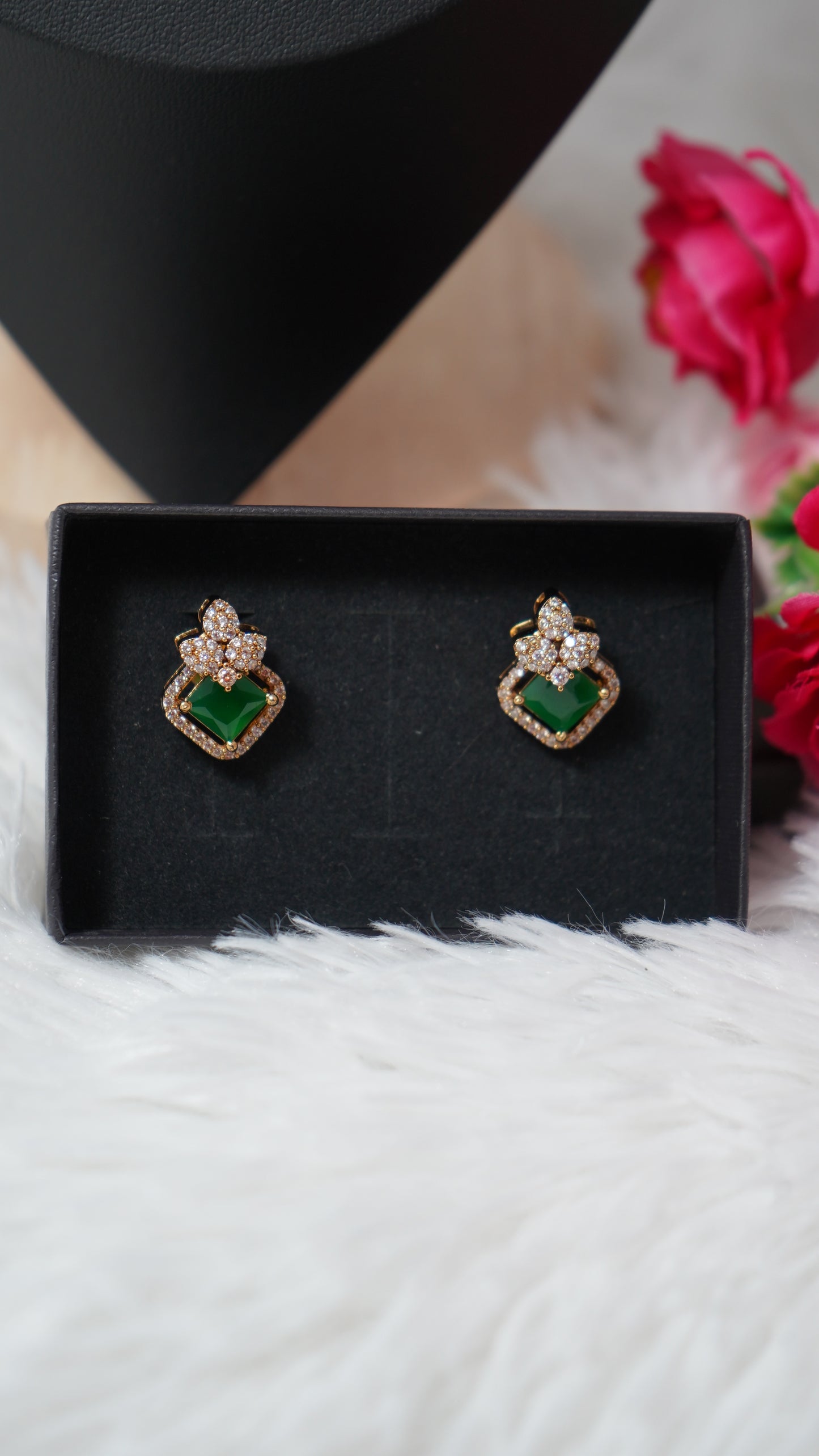 Beautiful short mangalsutra chain featuring black beads and green accents with Ear tops