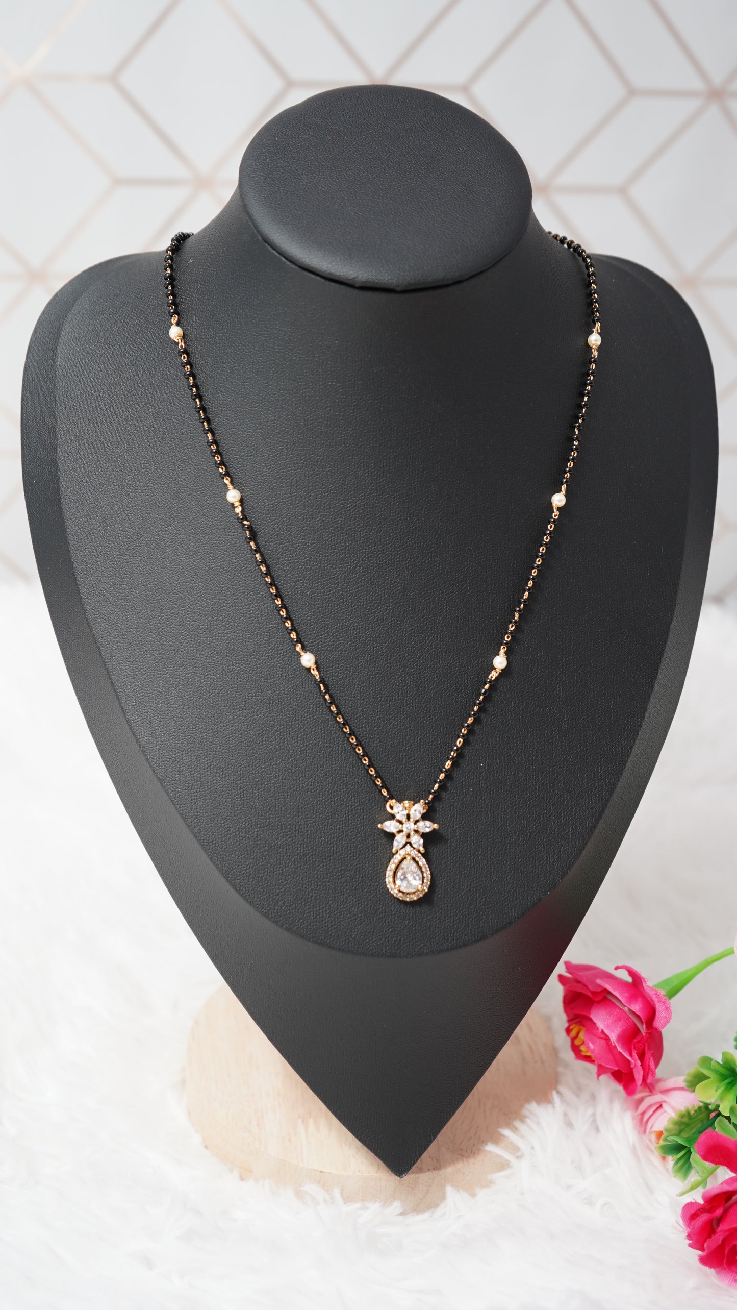 Elegant short Mangal sutra chain with micro gold plating and white stone