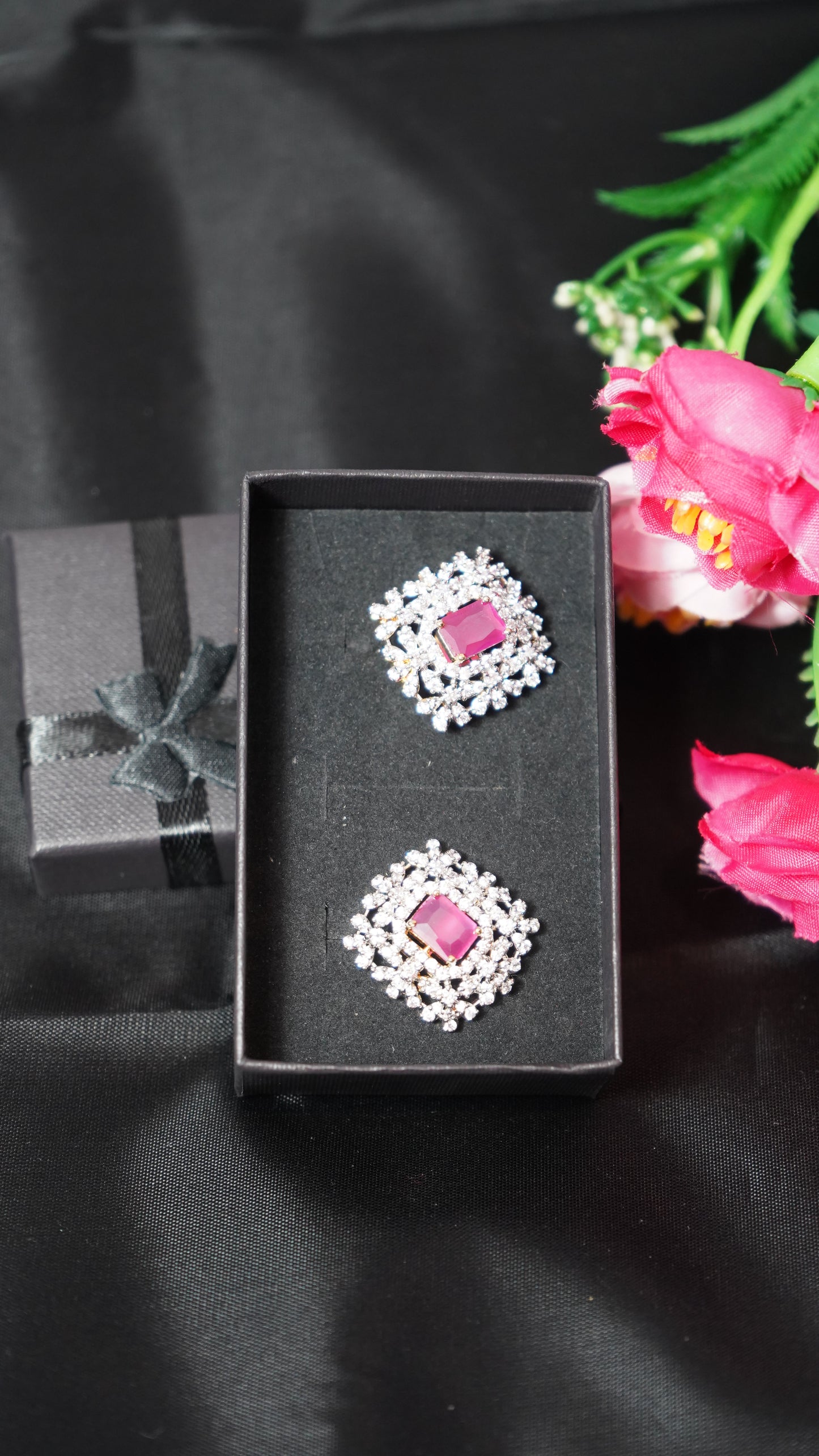 Diamond finish pink stone with screw back closure