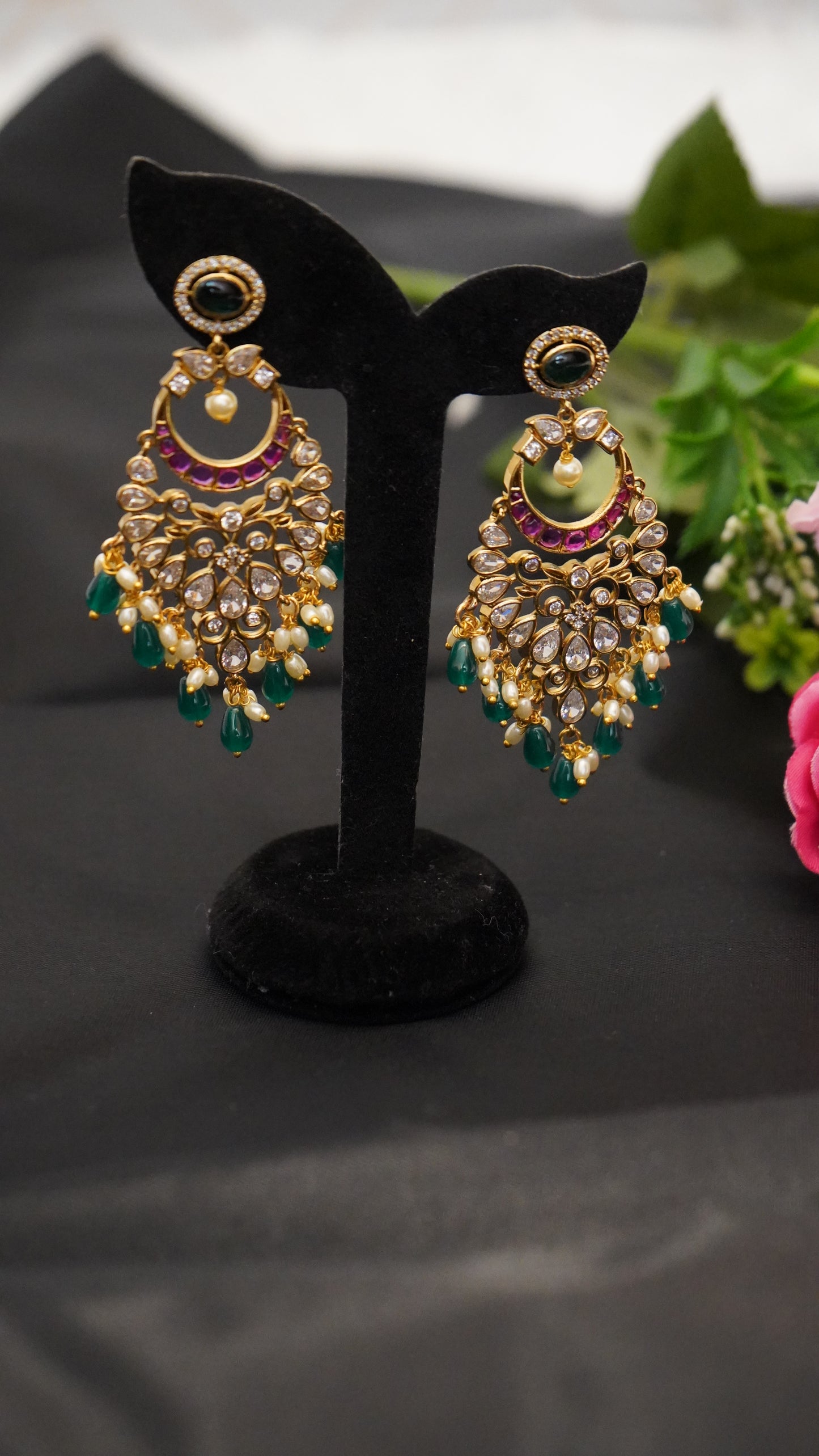 Chandbali earrings with stunning combination of pink and green stones