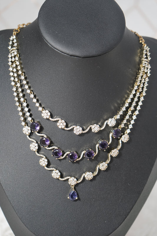 3 Layered navy blue necklace set diamond alike detailing with CZ stones