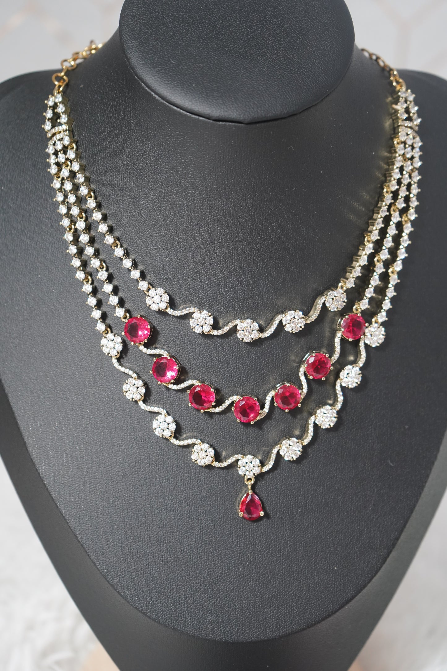 3 Layered red necklace set diamond alike detailing with CZ stones