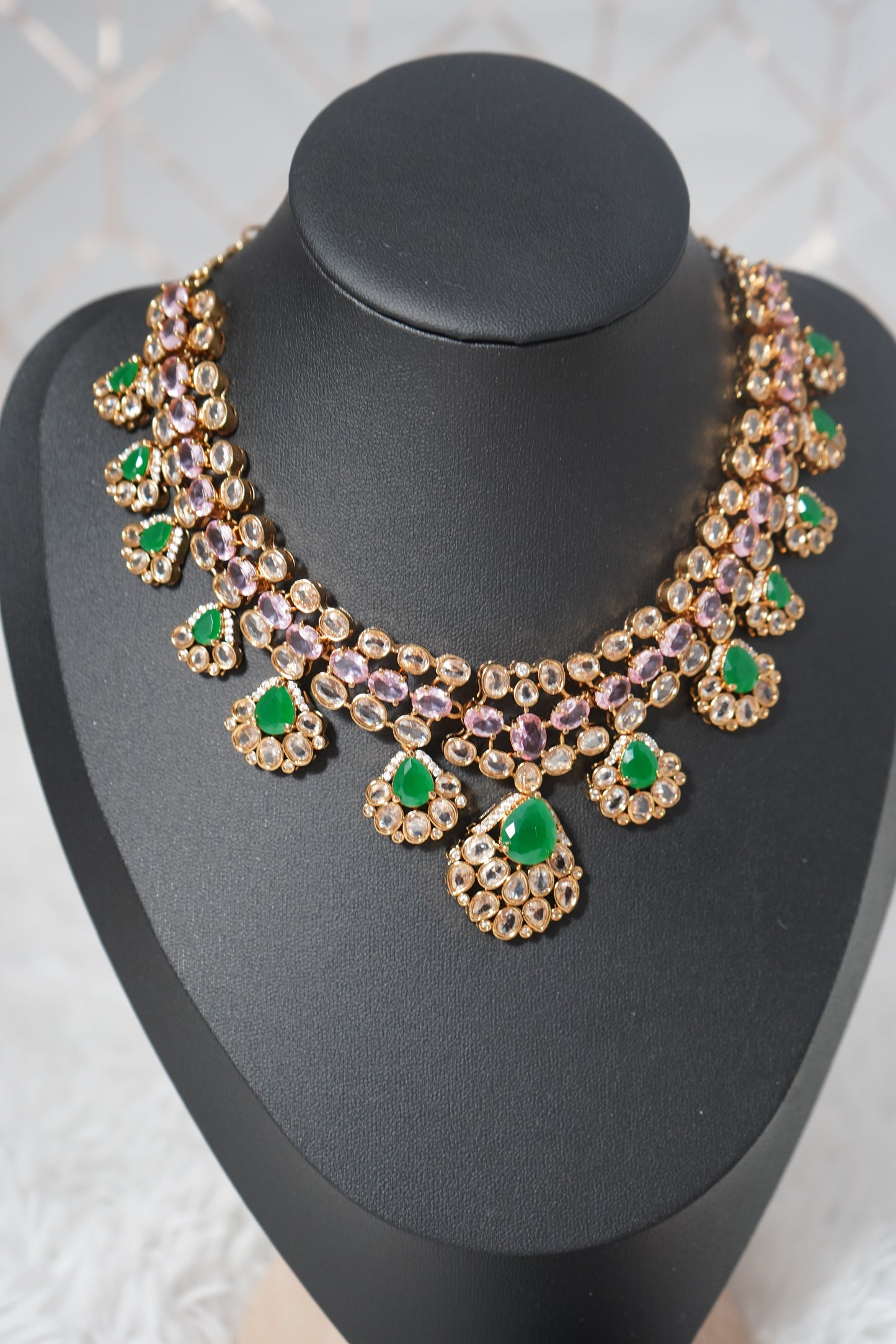 Stunning short necklace set with CZ stones - Pink & Green