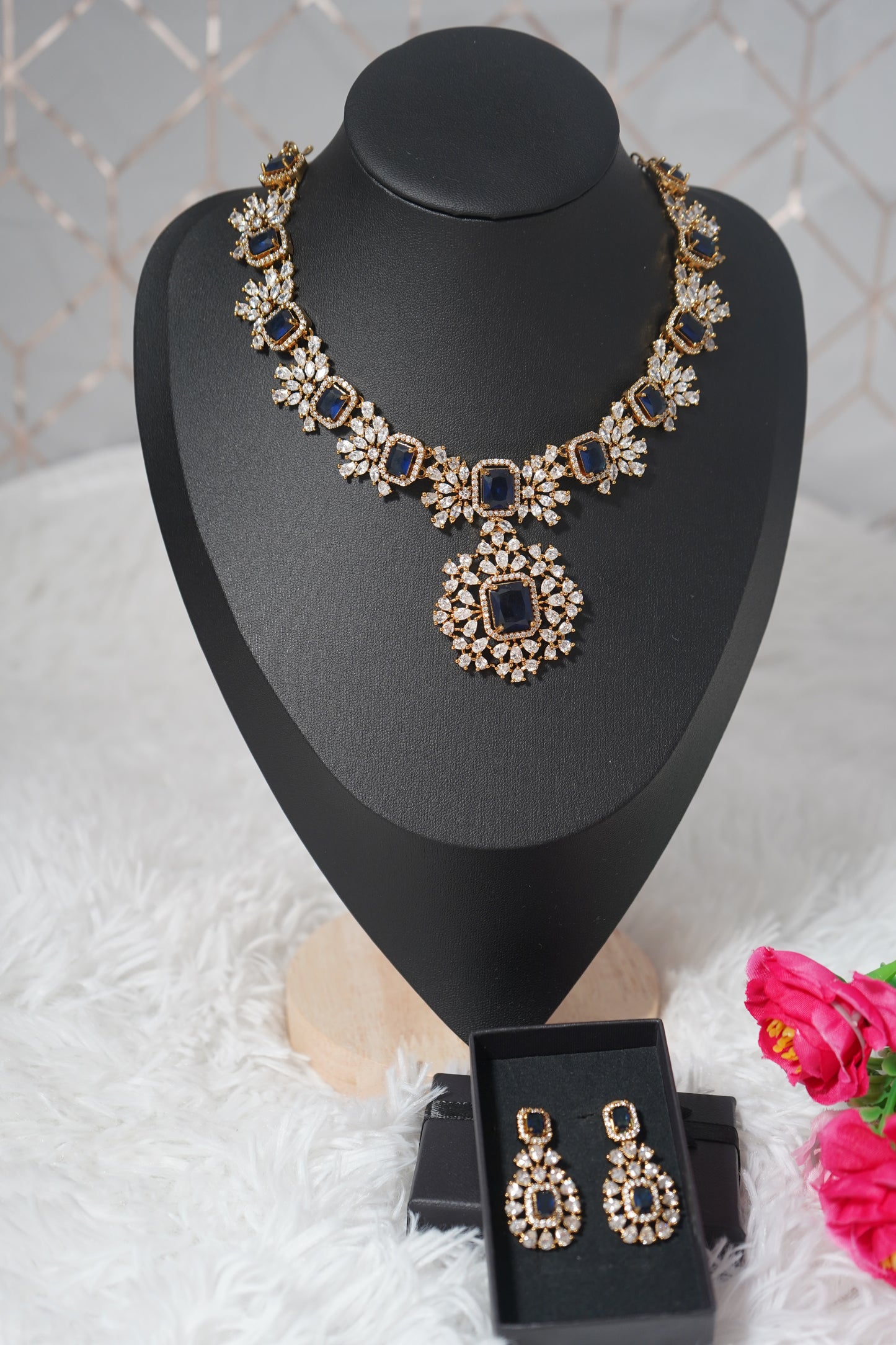 Graceful necklace set diamond alike featuring CZ stones - Navy Blue