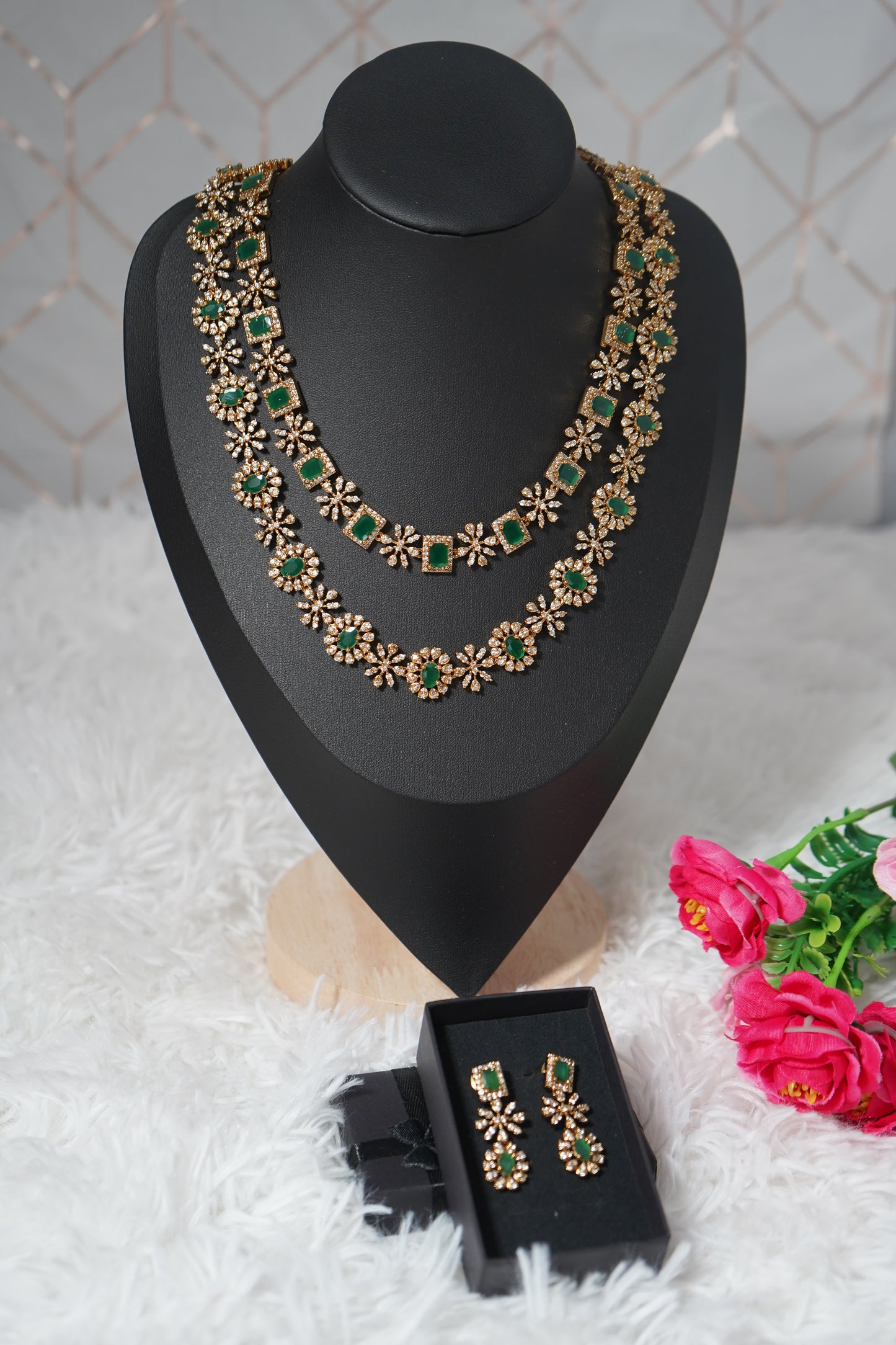 Beautifully crafted two-layered floral emerald necklace set - Green