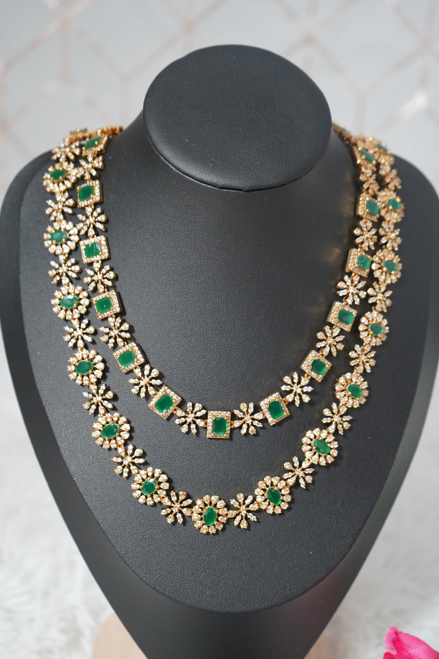 Beautifully crafted two-layered floral emerald necklace set - Green