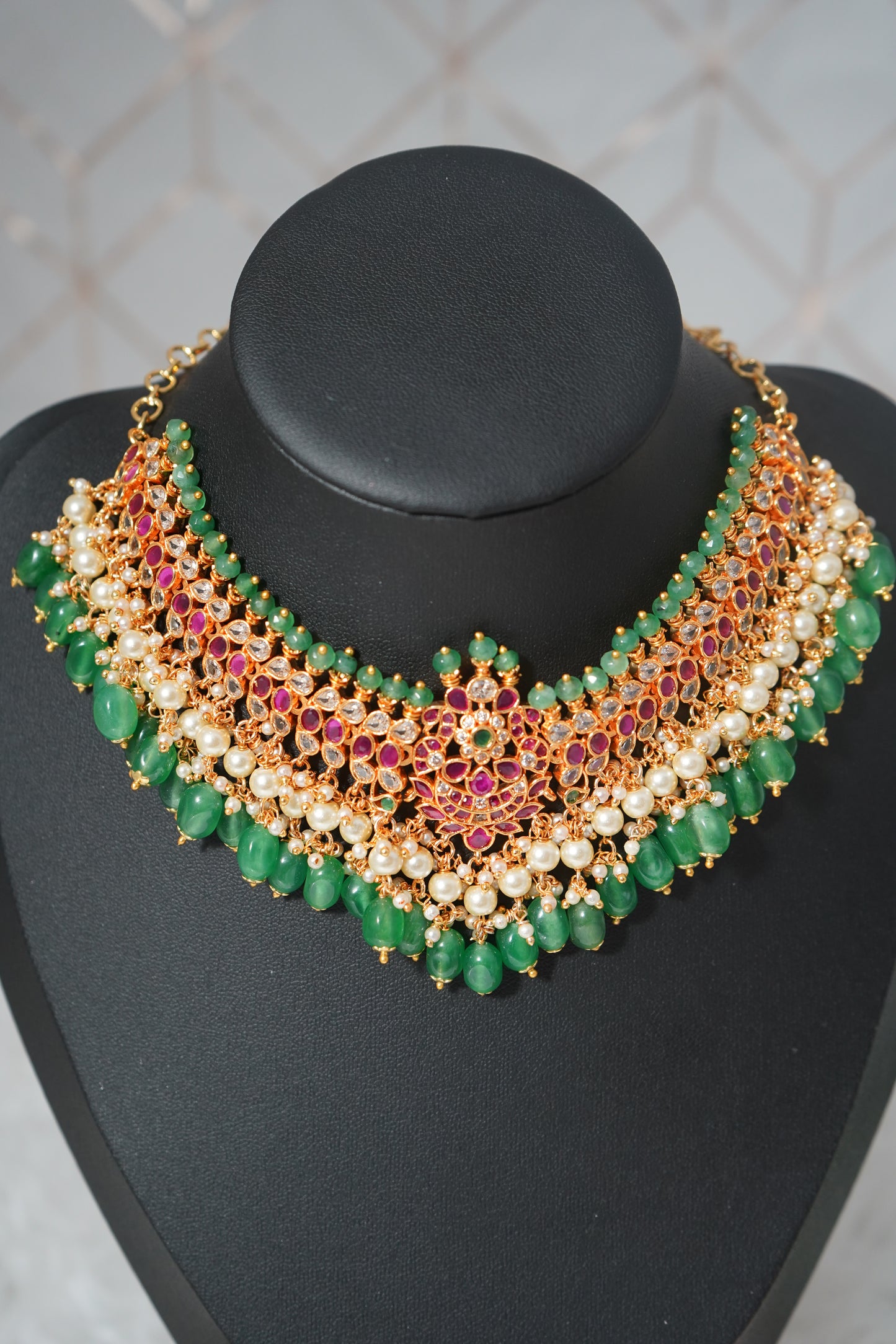 Heavy Bridal Choker Necklece Set -Green & Pink 15"