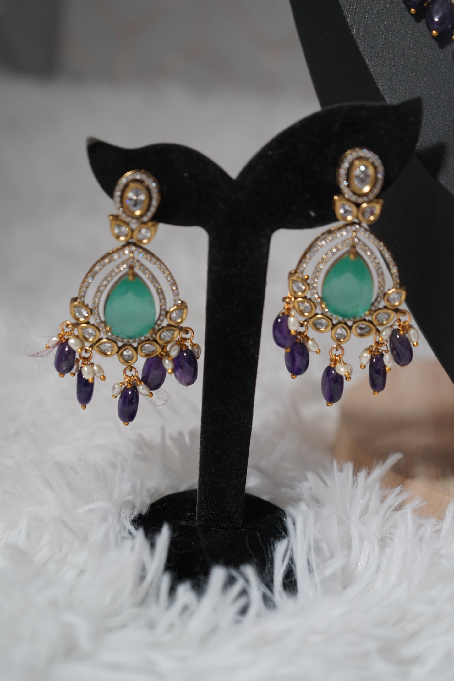 Multi layered Haram Necklace Set with Victorian polish - purple, and mint green accents