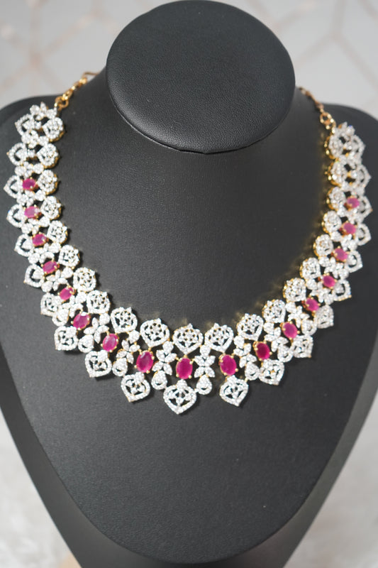 A stunning Pink choker-style necklace set with sparkling white stones - Pink