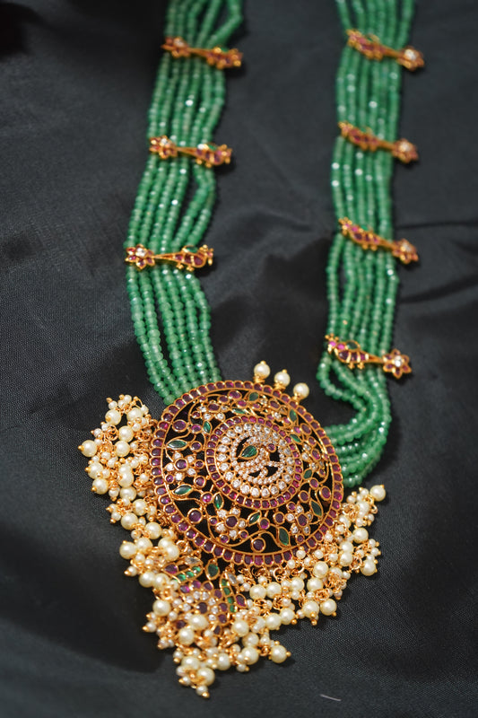 A Grand 26" bridal haram featuring Kemp beads with intricate peacock - Green