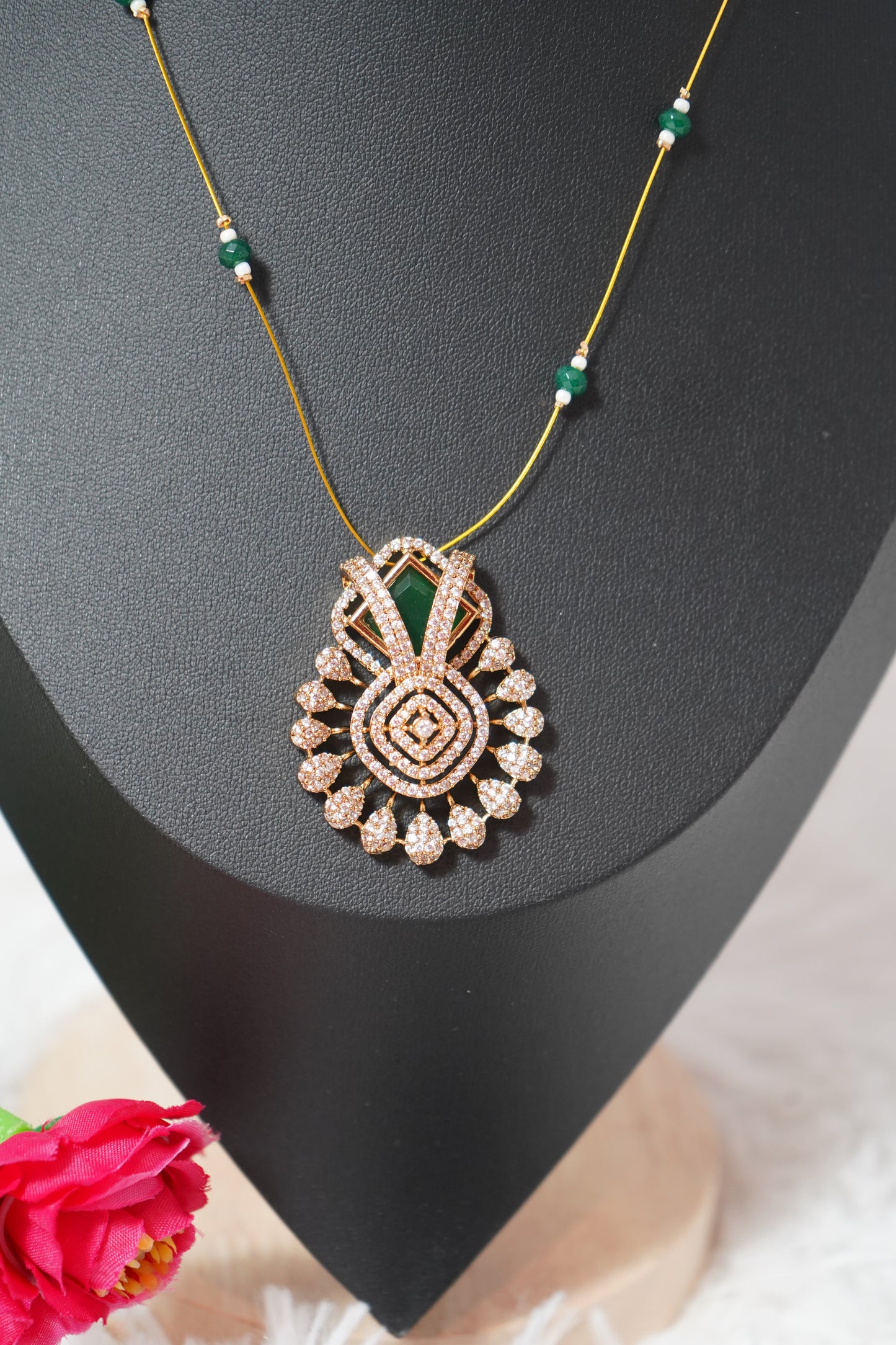 Antique-finish earrings with invisible chain design and green CZ stones - Green