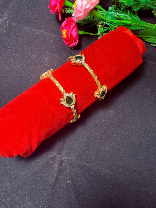 Victorian gold finish Lotus Bangles set-Green Stone