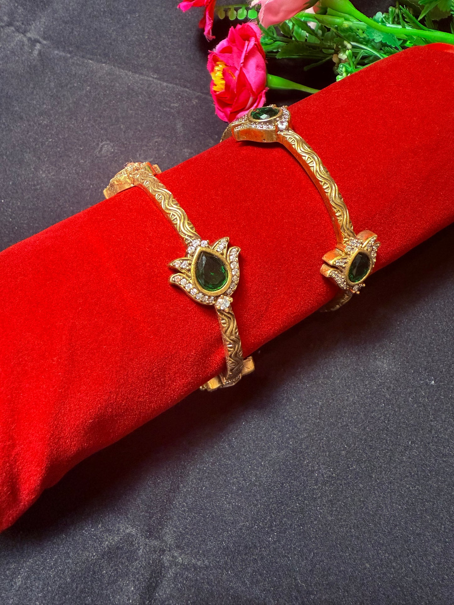 Victorian gold finish Lotus Bangles set-Green Stone
