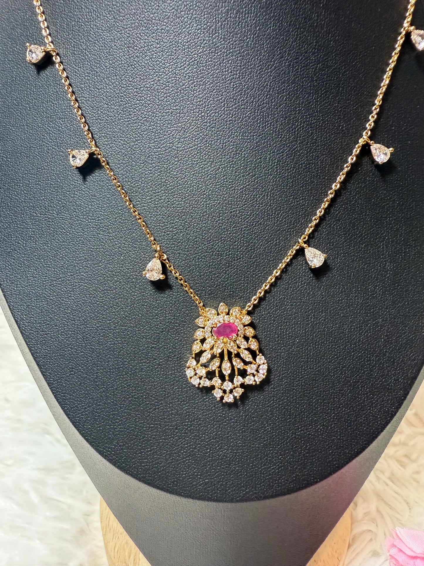 Beautiful short micro gold uncut pink stone chain