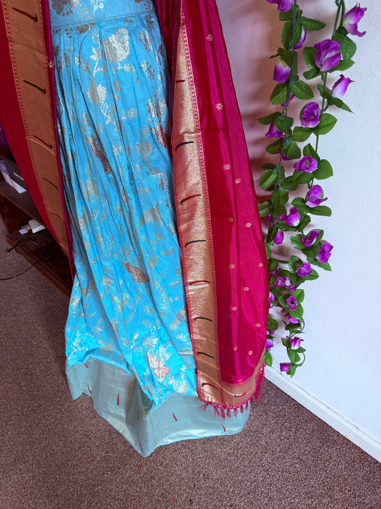 Beatiful banarasi silk lehanga ready to wear set - Sky Blue & pink