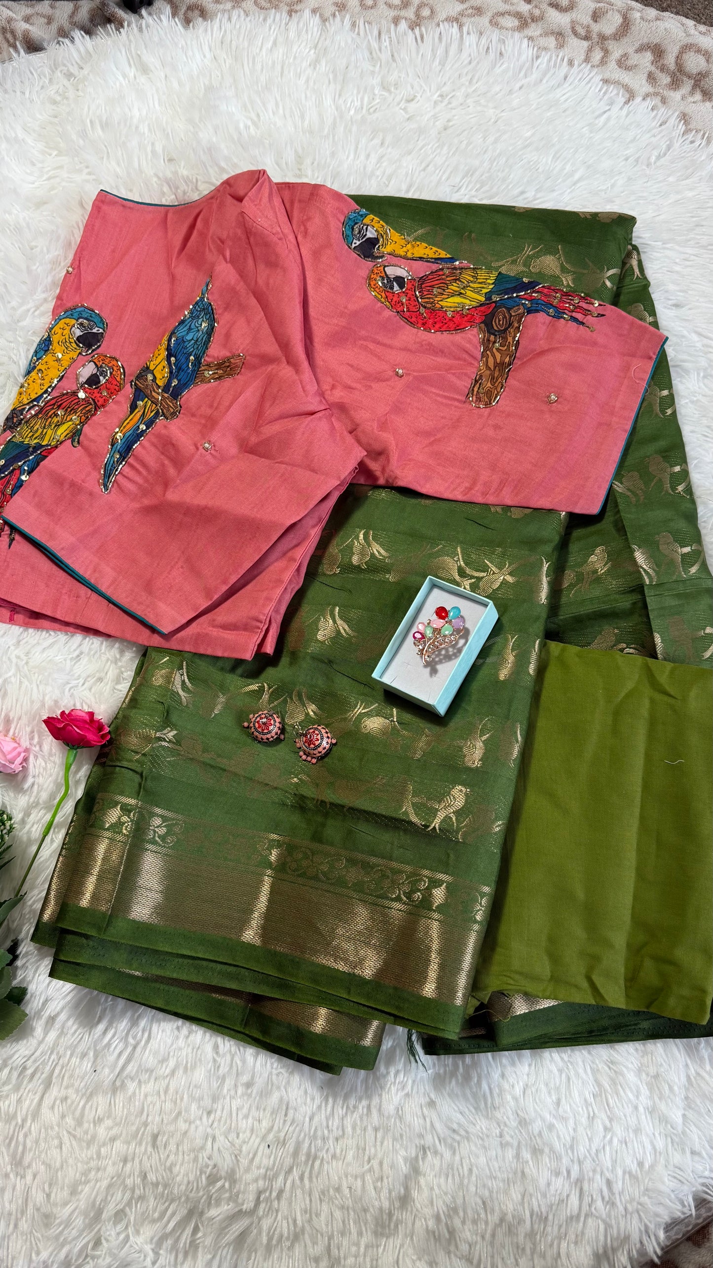 Kanchi Banarasi Saree with pink stitched bird motif blouse - Green & Pink