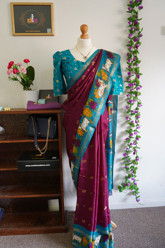 Handcrafted cow motif mangalagiri silk saree with stitched blouse - Wine-maroon & Blue