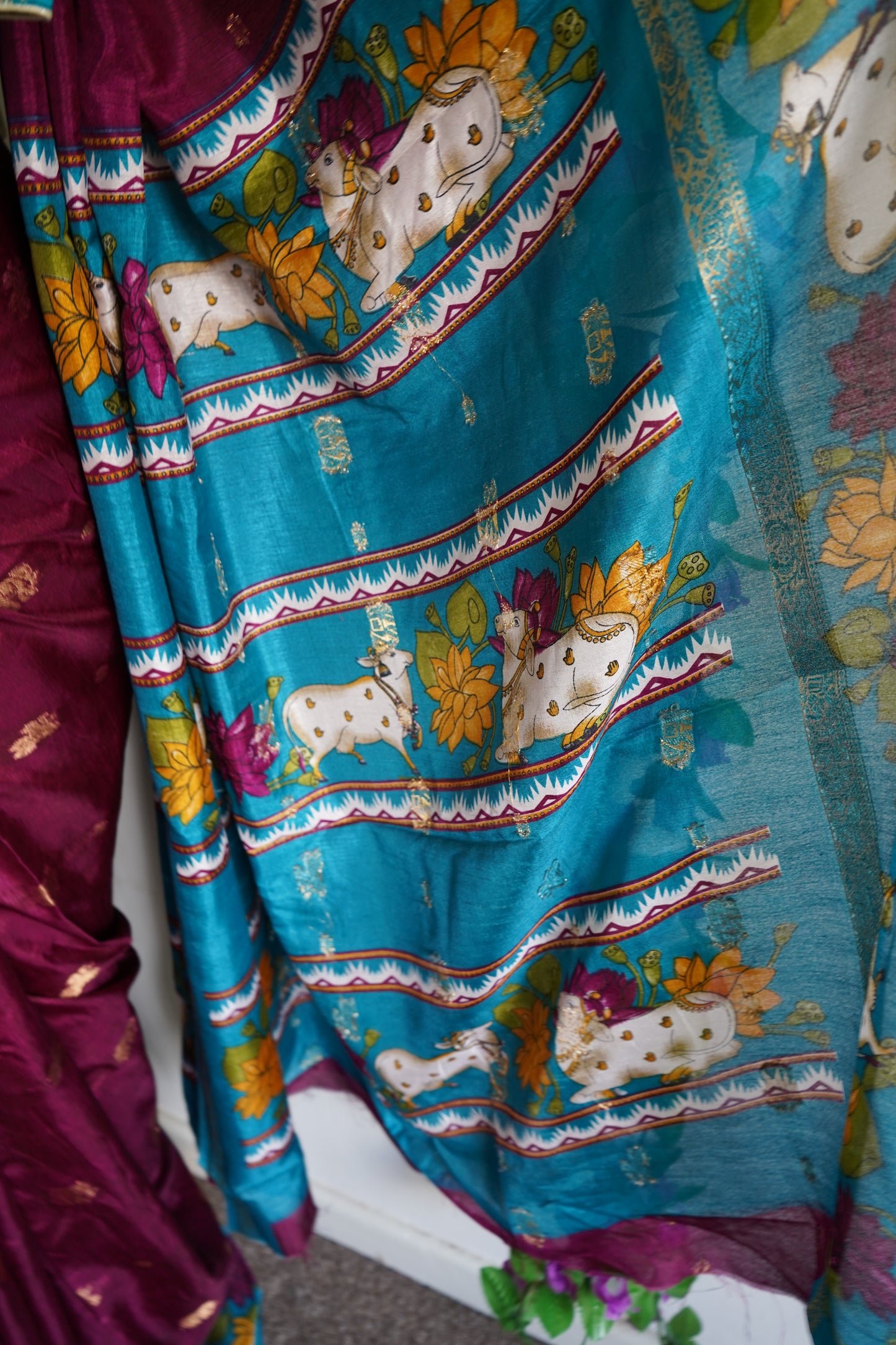 Handcrafted cow motif mangalagiri silk saree with stitched blouse - Wine-maroon & Blue