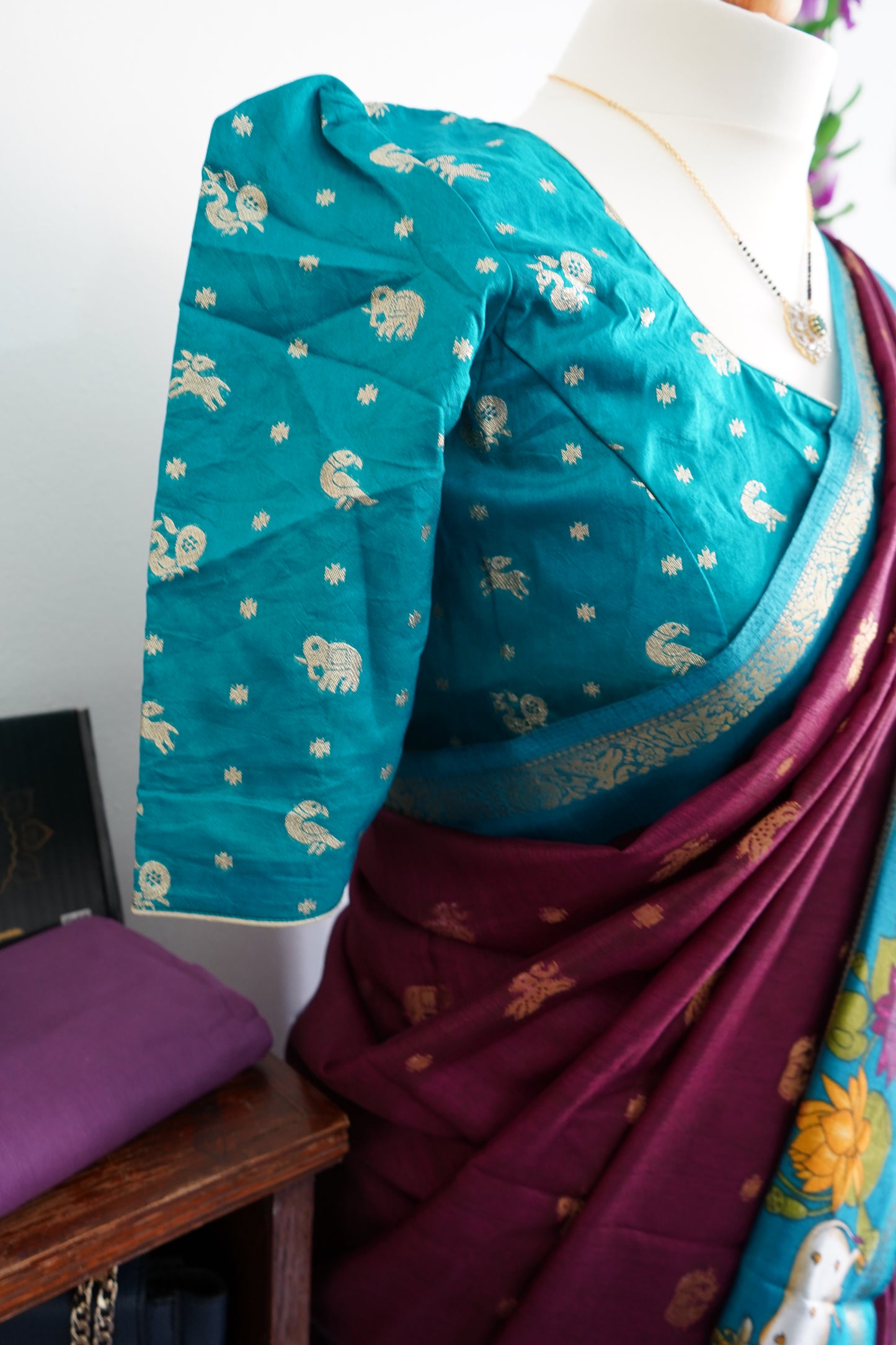 Handcrafted cow motif mangalagiri silk saree with stitched blouse - Wine-maroon & Blue