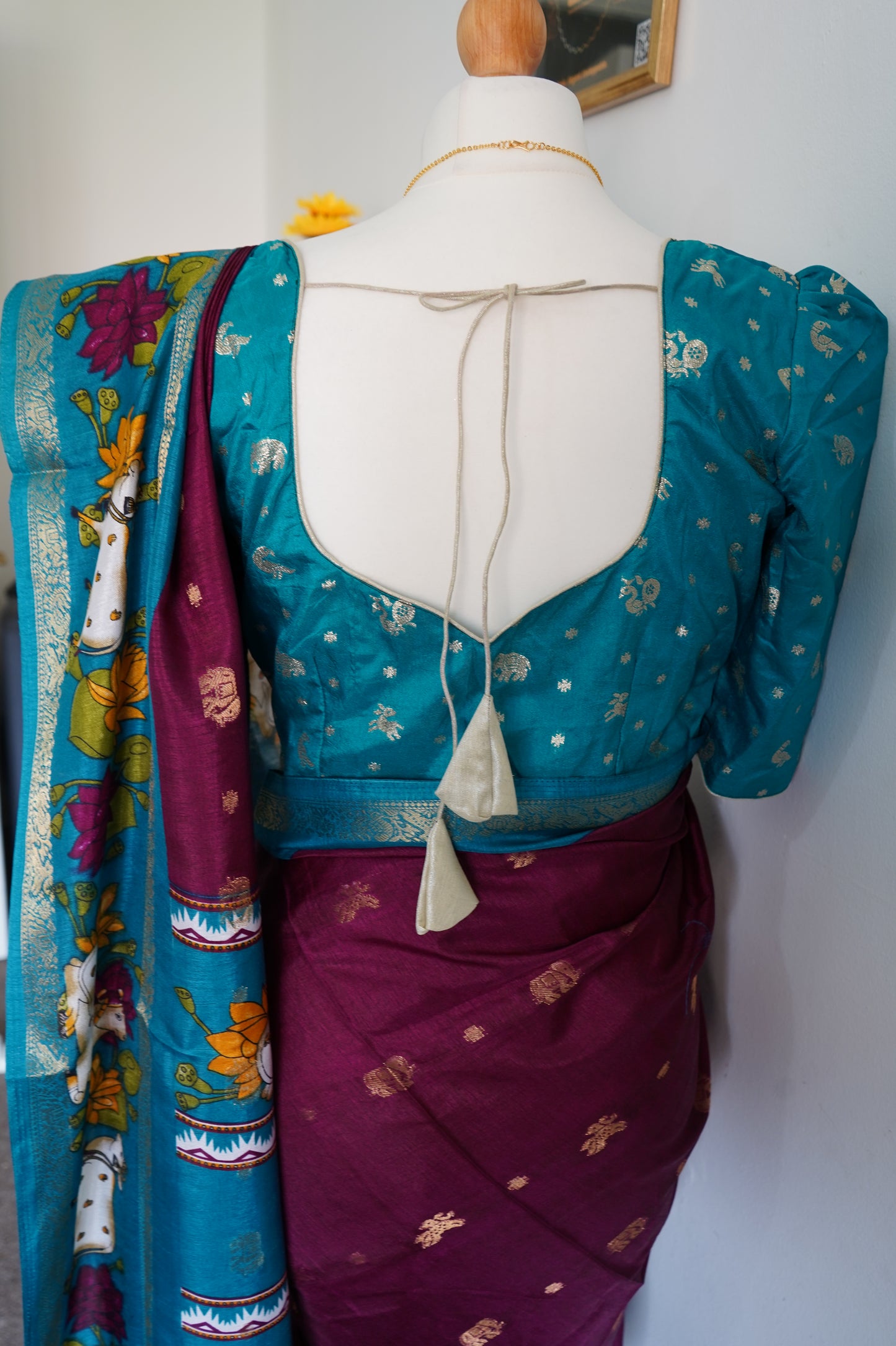 Handcrafted cow motif mangalagiri silk saree with stitched blouse - Wine-maroon & Blue