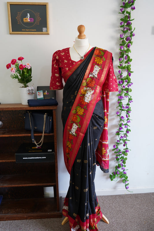 Handcrafted Cow Motif Black Mangalagiri Silk Saree with Stitched Blouse - Black & Red