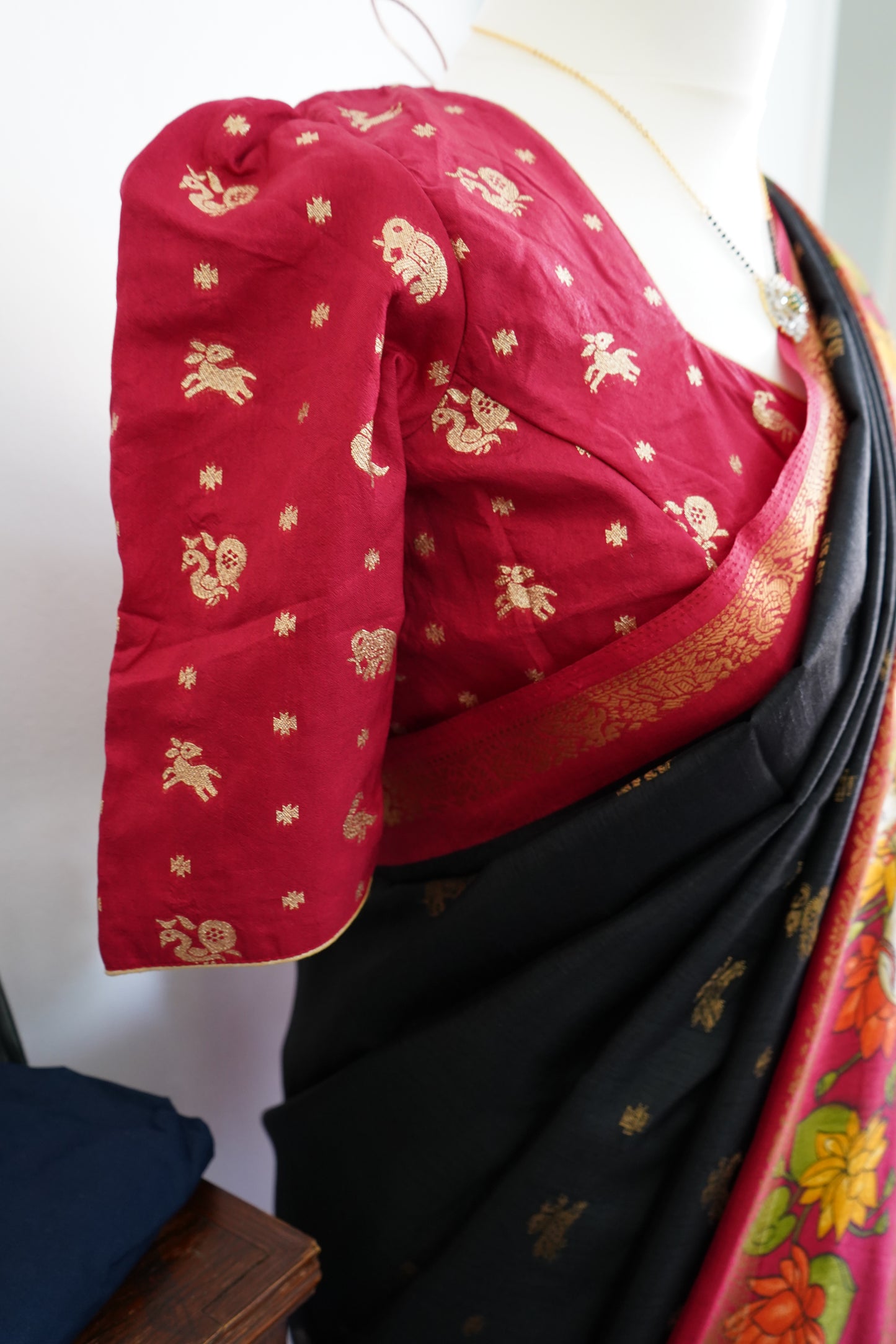 Handcrafted Cow Motif Black Mangalagiri Silk Saree with Stitched Blouse - Black & Red