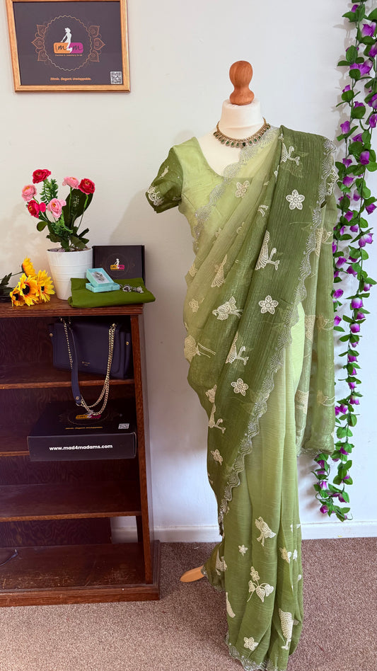 Designer Embroidery, Swarovski Work with Stitched Blouse – Green