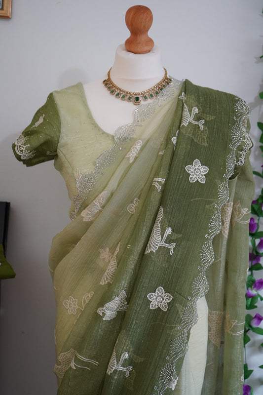 Designer Embroidery, Swarovski Work with Stitched Blouse – Green