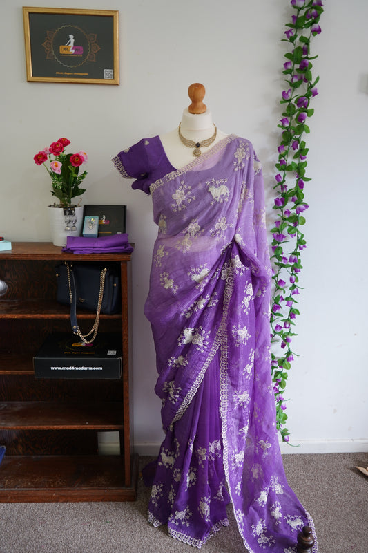 Crush Dual Shade Fancy Embroidery Work Saree with Stitched Blouse β Purple