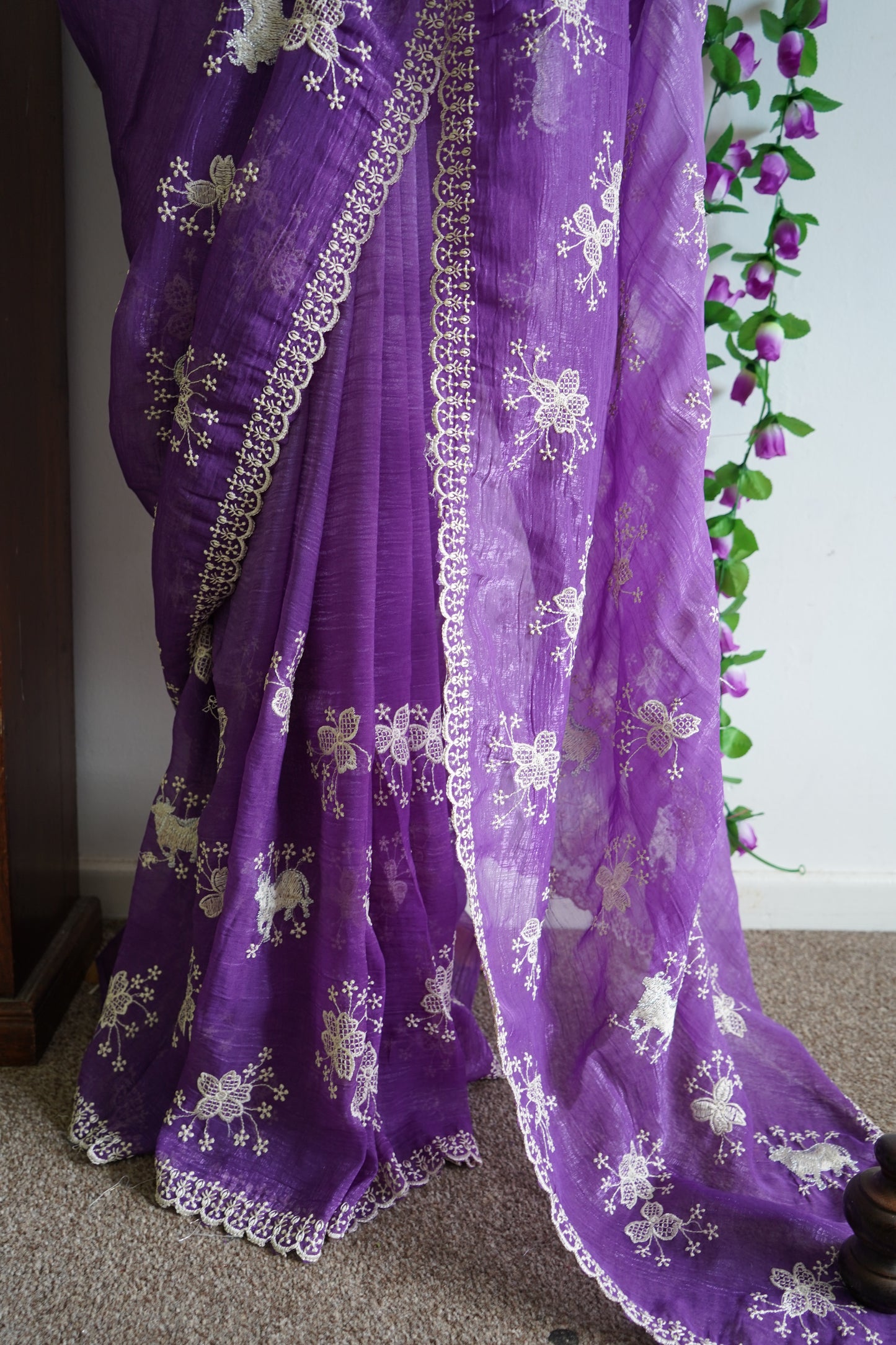 Crush Dual Shade Fancy Embroidery Work Saree with Stitched Blouse – Purple
