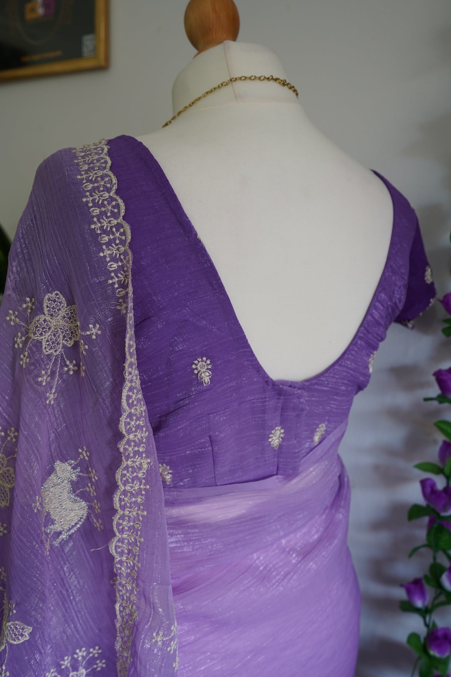 Crush Dual Shade Fancy Embroidery Work Saree with Stitched Blouse – Purple