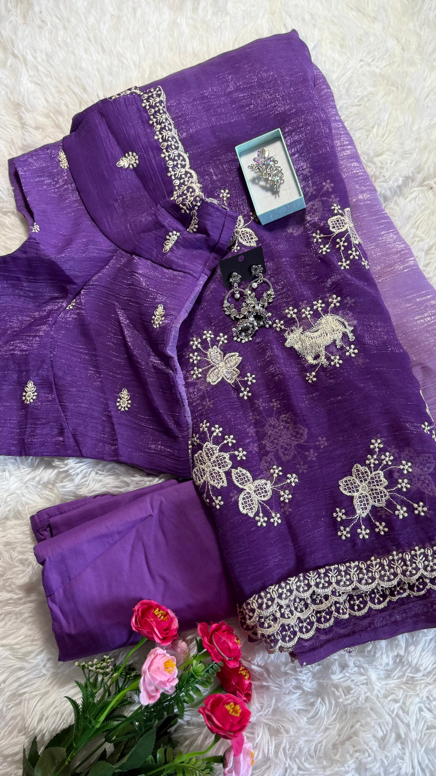 Crush Dual Shade Fancy Embroidery Work Saree with Stitched Blouse – Purple